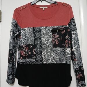Cato Red and Black Patchwork Long Sleeve Top Size M